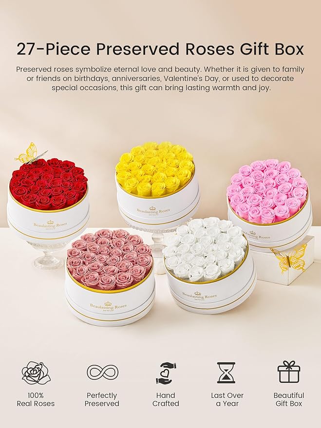 Preserved Roses Forever Flowers Real Roses in a Box Mother's Day Birthday Flowers for Her Mom Women Wife Valentine's Day, Red, 27 Piece