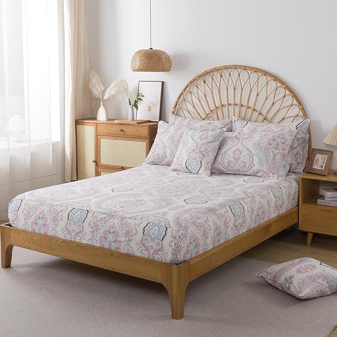 FADFAY 100% Cotton Paisley Damask Twin Bed Sheet Set, 4-Piece Soft Breathable Vintage Bedding with Deep Pocket Fitted Sheet, Flat Sheet and Pillowcases, All Season Cotton Sheets