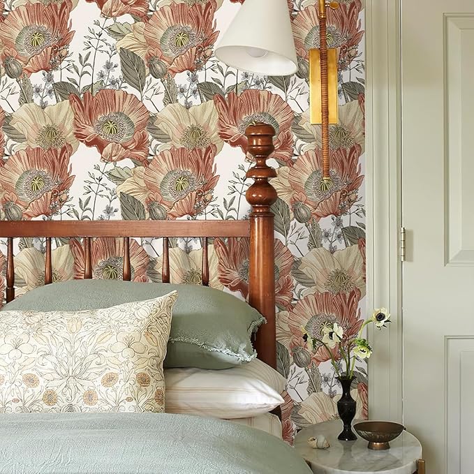 Livebor Floral Wallpaper Peel and Stick Boho Large Floral Peel and Stick Wallpaper Vintage Multicolor Flower Contact Paper 17.7'' x 393.7'' Self Adhesive Wall Paper for Bathroom Wall Covering Decor