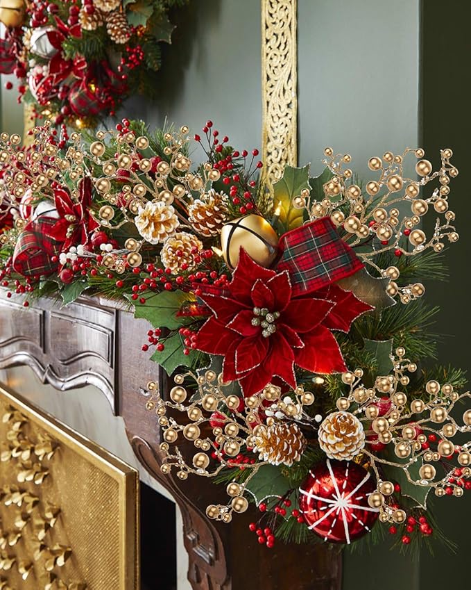 Hollyone 4 Pack Artificial Christmas Glitter Berries Stems, 19 Inch Fake Gold Holly Berry Picks with Ice Snow for Xmas Tree Wreath Floral Arrangements Holiday Home Vase DIY Crafts Decor