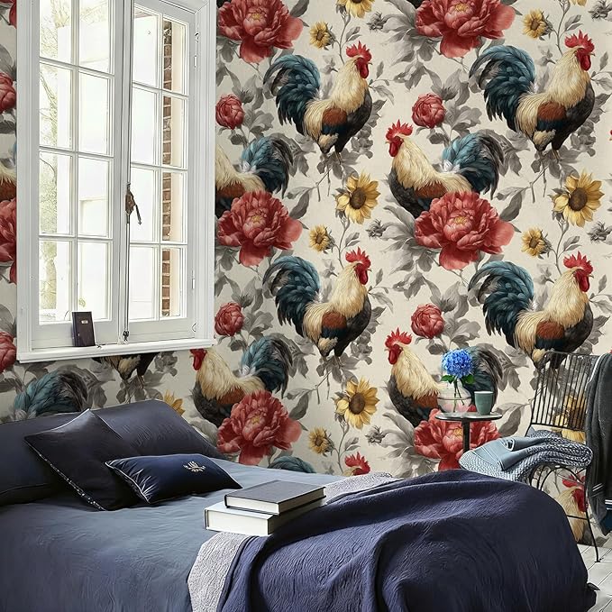 Floral Peel and Stick Vintage Animal Contact Paper Sunflower Rooster Removable Botanical Leaf Wallpaper 17.7" x 236.22" Wall Paper Watercolor Self Adhesive for Farm Bedroom laundry room bathroom