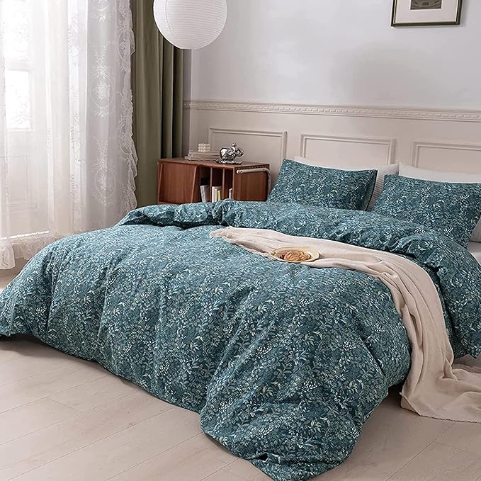 EAVD Garden Style Floral Duvet Cover Twin Soft 100% Cotton Blue Floral Bedding Set with 2 Pillowcases Chic Shabby Botanical Comforter Set for Girls with Zipper Closure(Twin, Blue)