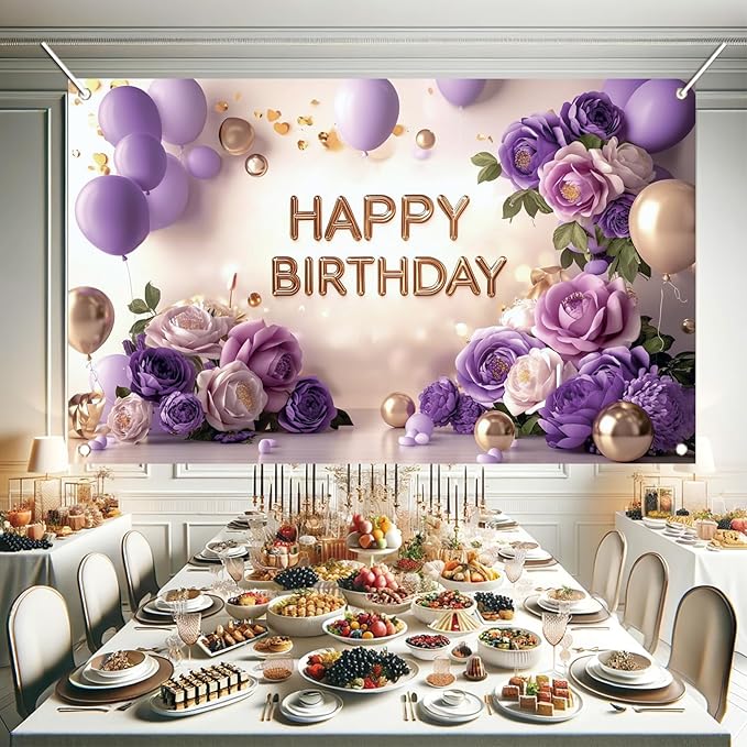 Purple Gold Happy Birthday Backdrop Banner Elegant Flowers Balloons Photography Background Glitter Birthday Decorations for Women Girls Party Supplies Photo Booth Props 71x43 Inch