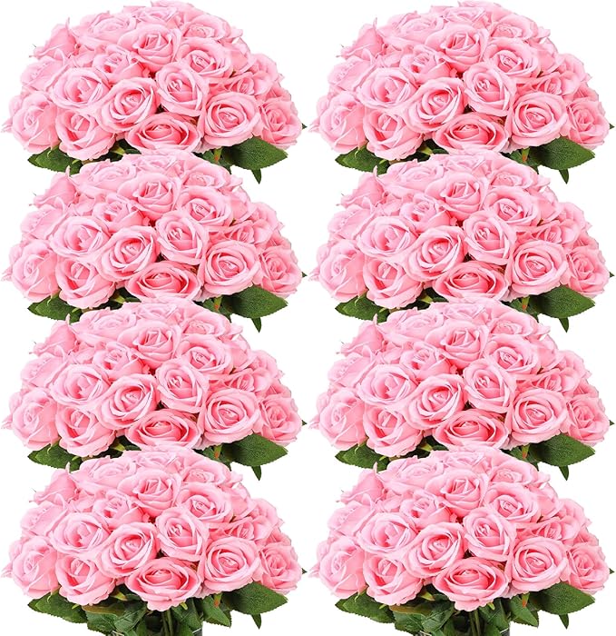 Hotop 120 Pcs Roses Artificial Flowers in Bulk,Long Stem Artificial Flower Bouquet,Silk Real Touch Fake Rose for Wedding Party Table Centerpieces Decor Valentines Gifts(Pink)