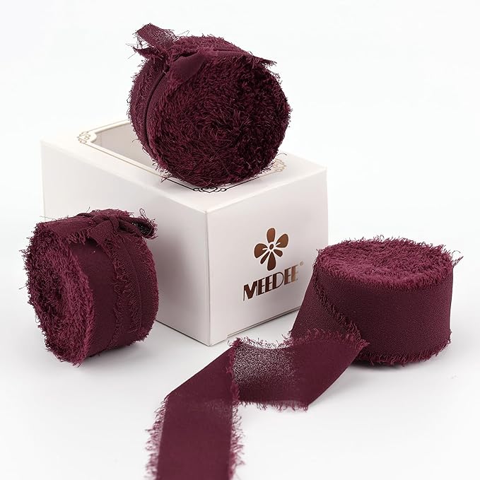 MEEDEE Burgundy Chiffon Ribbon 1 Inch Fringe Ribbons Dark Red Chiffon Silk Frayed Burgundy Ribbon Thin Chiffon Ribbons for Crafts, Gift Wrapping, Wedding Invitation (3 Rolls 21 Yards)