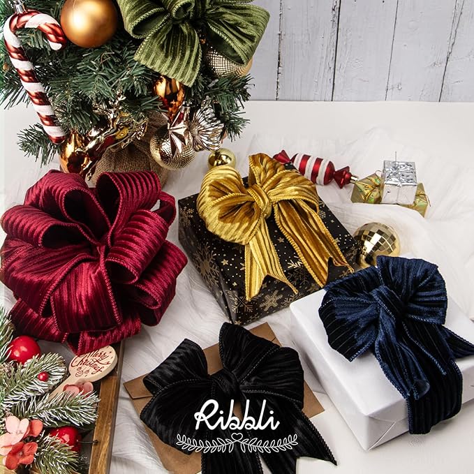 Ribbli Glossy Moss Green Velvet Wired Ribbon 2.5 Inch Striped Velvet Christmas Ribbon for Gift Wrapping Christmas Tree Decoration Crafts Wreaths Supplies-Continuous 10 Yards