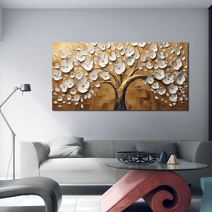 Large Wall Art for Living Room Bedroom Office Tree Art Wall Decor Gold Artwork Tree of Life Wall Art White Flower Framed Wall Decor Modern Canvas Prints 29x59 In