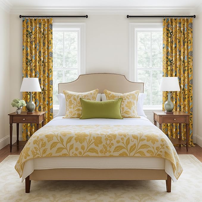 90 Inches Long Curtains 2 Panels for Living Room Bedroom Unique Elegant Colorful Floral Hummingbird Patterned Rustic Mustard Yellow Pinch Pleated Drapes for Classroom Room Office 40x90