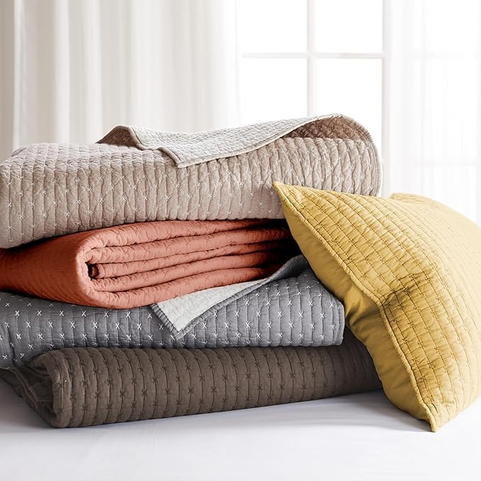 Levtex Home Cross Stitch Reversible King Bedspread Set (120x104in) with 2 Pillow Shams (36x20in) - Stitch Texture - Ochre - Cotton King Size Bedspread Set - Soft, Pre-Washed