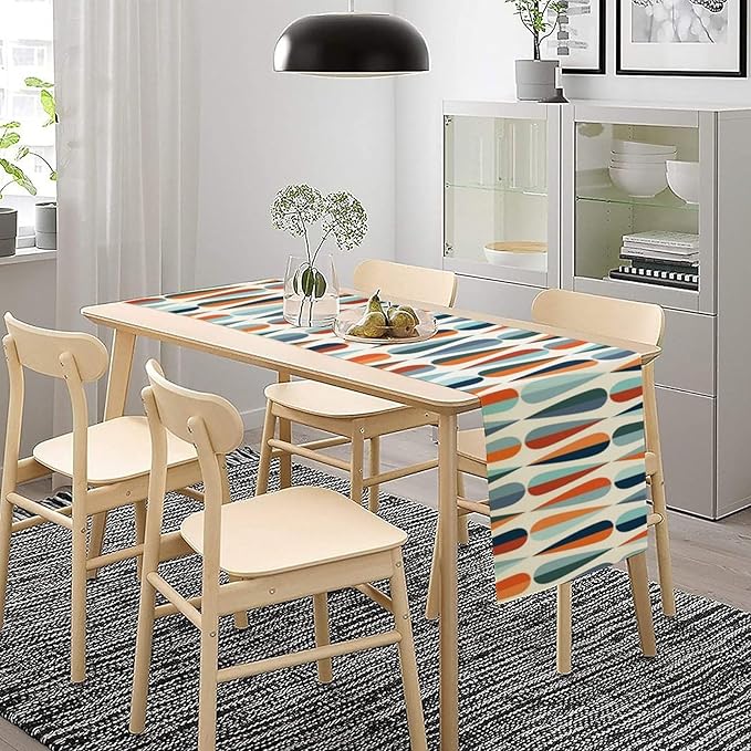 Mid Century Modern Table Runner Retro Blue Orange Grey Water Droplets Geometric Table Runner for Kitchen Dining Room Dining Table Decoration 13x108in