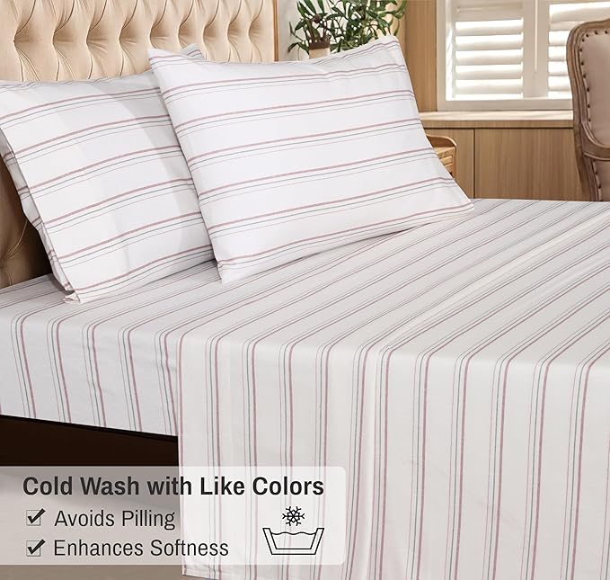 RUVANTI Flannel Sheets Full Size - 100% Cotton Double Brushed Bed Sheets Set, Deep Pockets 16 Inches, All Seasons Breathable & Extra Soft Full Sheets, Warm & Cozy, 4 Piece, Twill Stripe