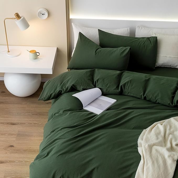 JIYUAN 100% Washed Cotton Duvet Cover Set 3 Pieces Full, 1 Duvet Cover 80x90 Inches(Comforter Not Included) and 2 Pillowcases,Linen Feel Bedding Set Comfy and Breathable,Forest Green