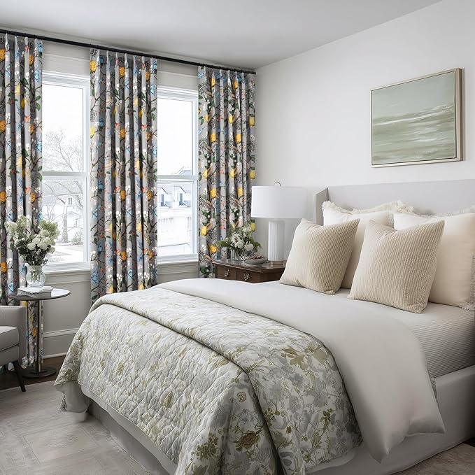 Grey Floral Curtains for Living Room Bedroom, Aesthetic Unique Rustic Pinch Pleated Drapes Cottagecore Flower Printed Modern Farmhouse Window Treatment 63 Inch Length 2 Panels