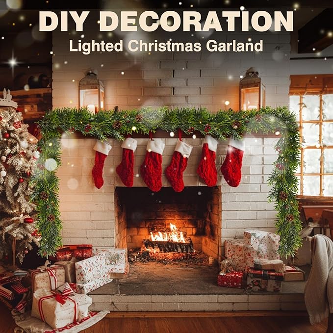 1PC 9FT Artificial Norfolk Pine Garlands, Real Touch Winter Christmas Garland, Green Artificial Greenery Garland for Table, Mantle, Wall, Indoor, Outdoor Christmas Decorations (1, 9FT)