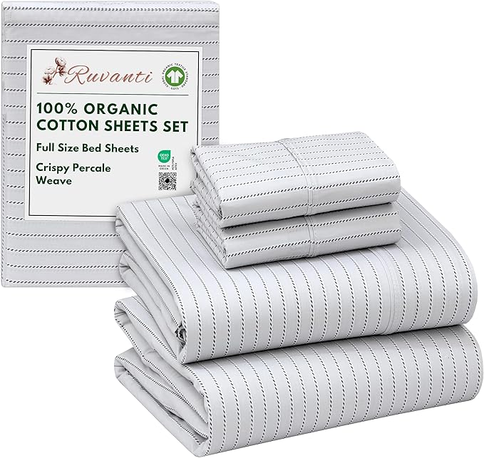 RUVANTI 100% Organic Cotton Sheets Full Size, Percale Weave, GOTS Certified, 4-Piece Set, Deep Pocket 15", Crisp & Breathable, Soft Durable Bedding, Sábanas Algodón Orgánico – Construction Line
