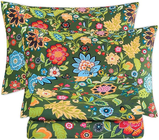 Bedlifes Twin Sheet Set Ultra Soft, Breathable, Silky Flower Deep Pocket 100% Microfiber Bedding, 3 Piece Twin Size with Floral Dark Green
