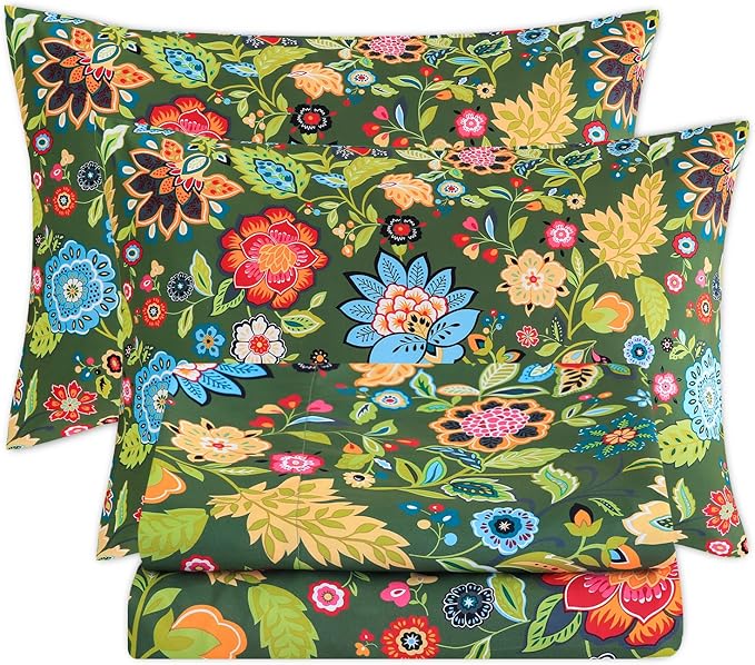 Bedlifes Full Sheet Set Ultra Soft, Breathable, Silky Flower Deep Pocket 100% Microfiber Bedding, 4 Piece Full Size with Floral Dark Green