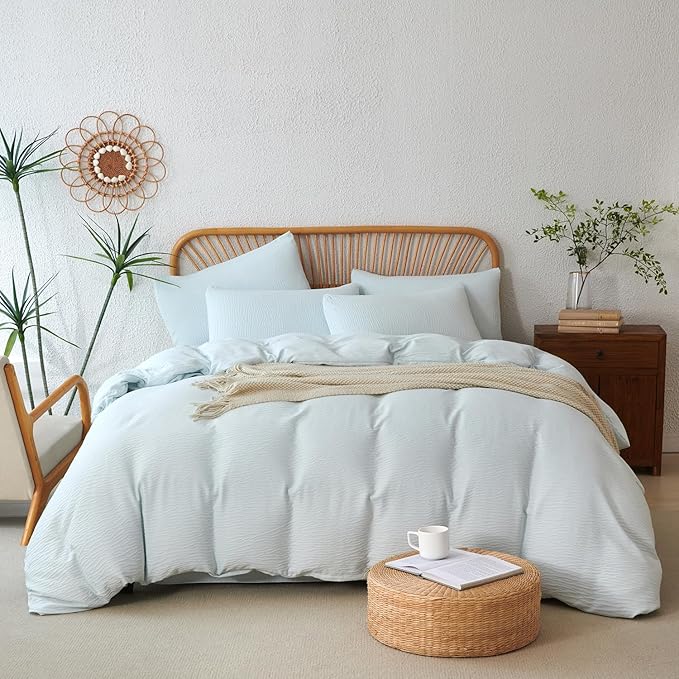 Duvet Cover King Size Glacier Blue, 3 Pieces Double-Layer Crinkle Gauze Soft Bedding for All-Season Lightweight Breathable Comfy with 2 Pillowcases