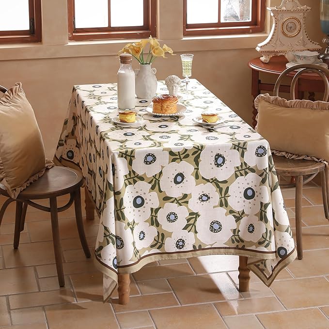 Designer Vintage Rectangular Tablecloth,Linen French Extra Long Tablecloth with White Floral Pattern,Decor Table Cover for Kitchen,Dining,Thanksgiving,Party,63" × 110"-Hidaka