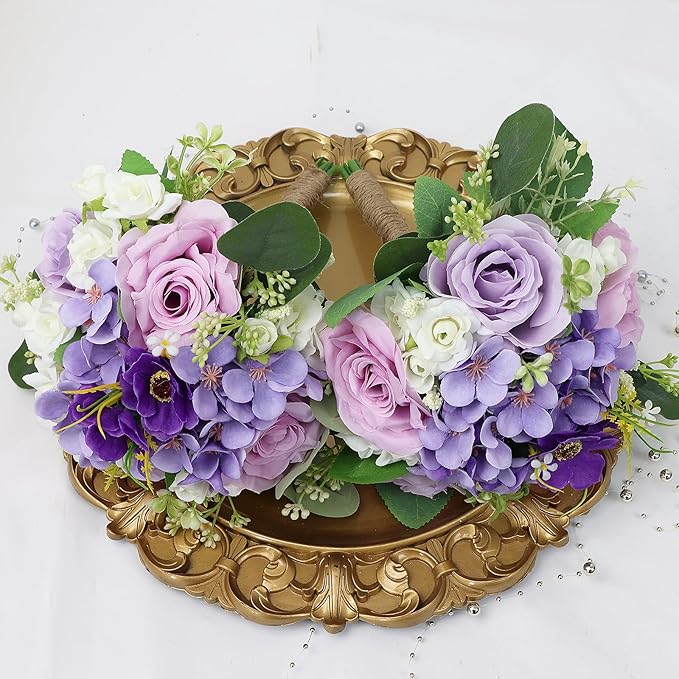 Set of 4 Bridesmaid Bouquets for Wedding - 7 Inch Artificial Flowers Bouquets for Ceremony Anniversary Centerpieces Decorations - Lilac & White