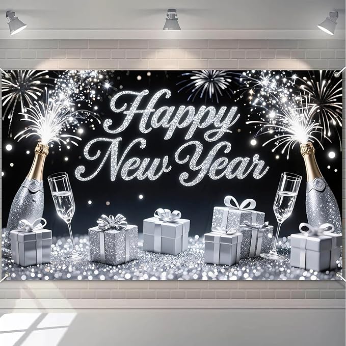 Happy New Year Banner 71x43 Inch Silver Champagne Party Wall Decoration Fireworks Photo Backdrop for Indoor Countdown Celebration Holiday Event and Home Background Display
