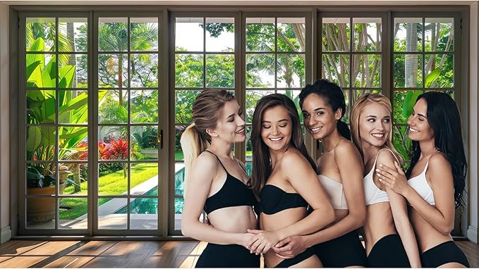 Window Scenery Photography Backdrop Windowsill Backyard with Pool and Garden Background Tropical Plants Photocall Background Party Banner Wall Decor Baby Kids Family Photo Shoot Props 5x3ft