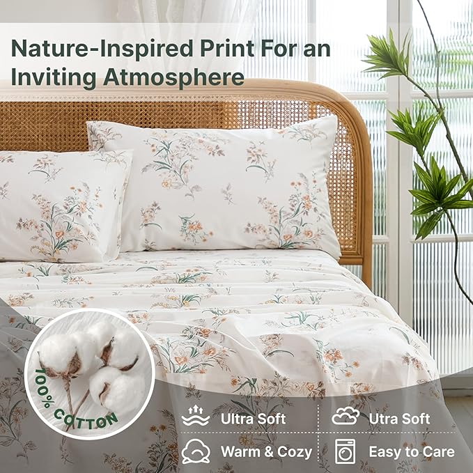 100% Cotton Sheet Set Queen Size – 4-Piece Shabby Chic Floral Bedding Set, Soft Breathable Percale Weave, Deep Pocket Fitted Sheet 17.5", Crisp Cool Feel, Refined Botanical Elegance