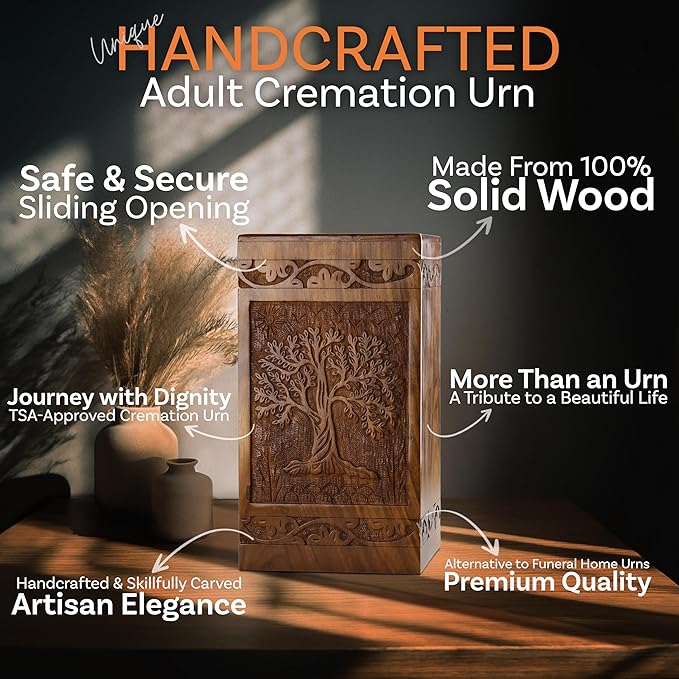 INTAJ Handcarved Wooden Cremation Urn for Human Ashes - Tree of Life Design, 115 lbs Capacity, Suitable for Adult Men and Women, Mom and Dad - Decorative Funeral Urn Box and Casket