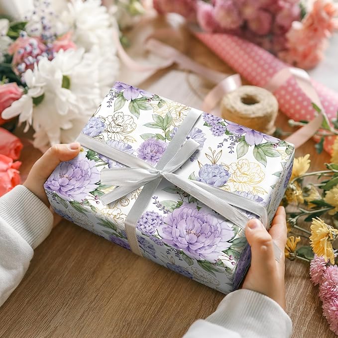 LeZakaa Floral Wrapping Paper Roll, Purple Peonies with Gold Foil Floral Outline Party Gift Wrap for Wedding, Bridal Shower, Anniversary, Mother's Day, Birthday, 17 inches x 16.4 Feet (23.2 sq.ft.)