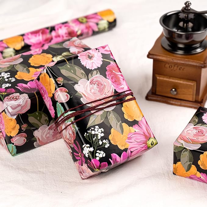 WRAPAHOLIC 30 Inch Reversible Floral Wrapping Paper - 30 Inch X 33 Feet - Colorful Flower Wrapping Paper for Birthday, Mother's Day, Wedding, Baby Shower, Bridal Shower