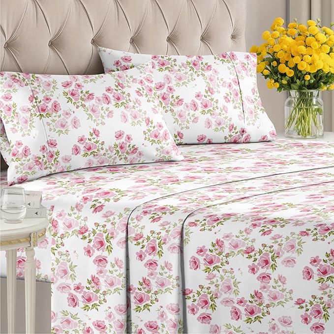 Floral Sheets - Pink Floral Bed Sheet Set - 1 Flat, 1 Fitted & 2 Pillowcases w/ Deep Pockets - Comfy, Wrinkle & Fade Free - Boho Botanical Bedding - Ultra-Soft, Breathable & Cooling - Full Size Set