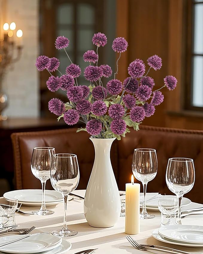 DuHouse 6pcs Artificial Flowers Faux Silk Pompon Mum,Silk Small Mini Chrysanthemum Ball with Stems for DIY Bouquets Centerpieces Vase Home Table Kitchen Decorations(Plum)