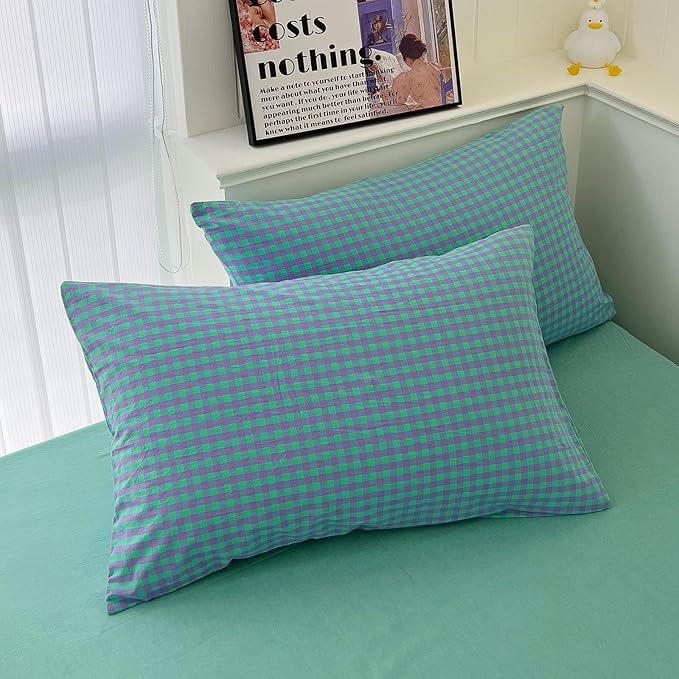 LifeTB Queen Comforter Set Green Gingham Bedding Comforter 3 Pieces Checkered Pattern Comforter Set Green Purple Plaid Grid Bed Comforter with 2 Pillowcases Fluffy Soft Gingham Bedding Set Queen Size