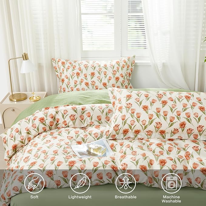 SAPHREAS Red Tulips Floral Duvet Cover Set Full Size 3pcs Green Leaves Soft Cozy Bedding Comforter Cover Set 100% Cotton 1 Duvet Cover 90"x80" 2 Pillow Shams, Comforter Not Included