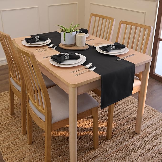 Encasa XO Table Runner 13"x59" Long | Cotton Canvas Fabric | Jet Black Solid Color | Machine Washable & Durable