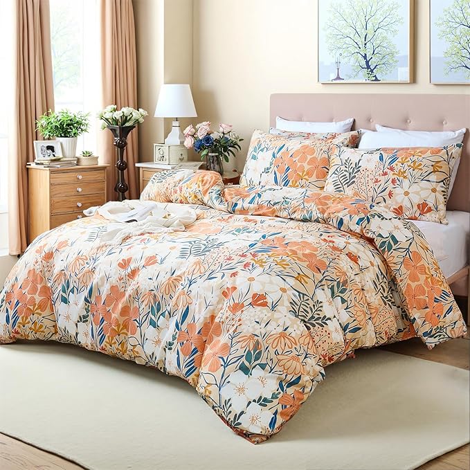 100% Cotton Duvet Cover King Size – Autumn Botanical Floral Duvet Cover Set with Zipper Closure, 3-Piece Soft Breathable Percale Weave Bedding Set for All Seasons