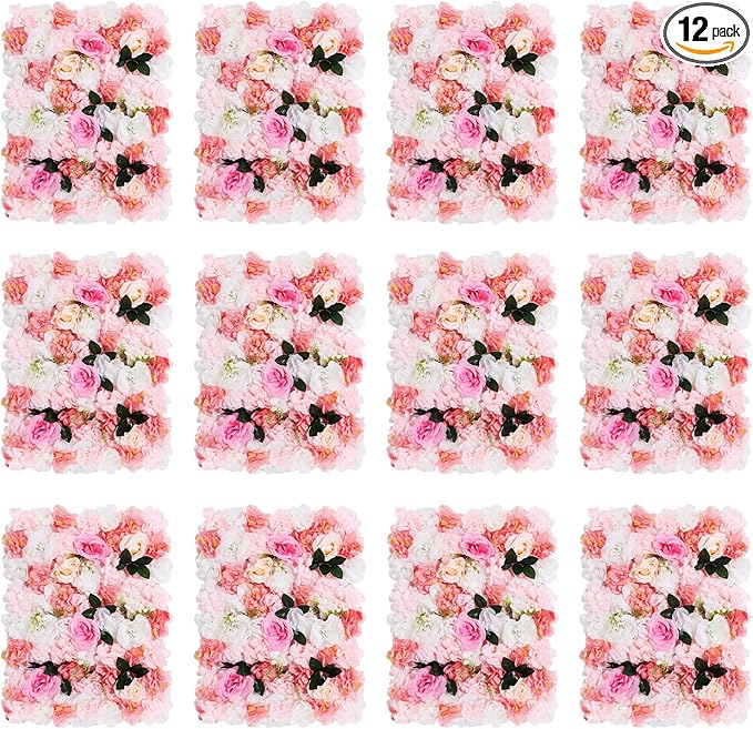 12PCS Flower Wall Panels, 3D Silk Floral Wall Backdrop, Realistic Pink Dahlias Rose Flower Backplanes, Roll Up Fake Flower Background for Valentines Wedding Party Home Decoration