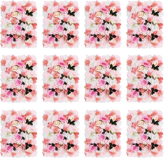 12pcs 24" x 16" Artificial Flower Wall Panel Background,3D Pink White Dahlia Silk Rose with Leaves Flowers Wall Backdrop for Wedding Party Event Photo Backdrop Wall Decor (Type 3)