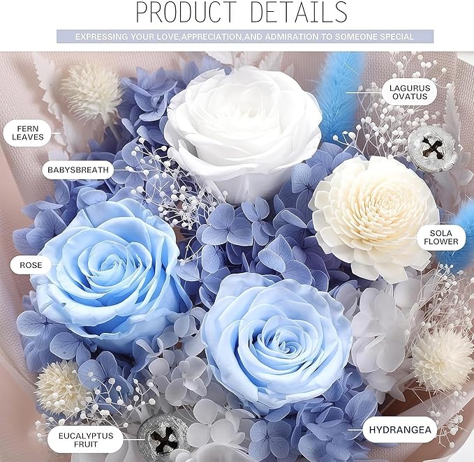 Preserved Flowers for Delivery, Blue Flower Bouquets with Necklace, Forever Real Roses Anniversary Birthday Gifts for Women Mom Wife Girlfriend, Fresh Flowers for Valentines Day Christmas