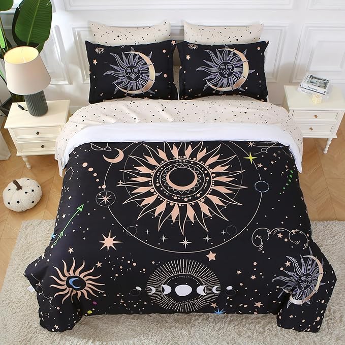 7 Piece Sun and Moon Comforter Set Bed in a Bag King Size - Boho Celestial Constellations Bedding for Girls Women - Black Gold - Lightweight Comforter with Sheets and Pillowcases