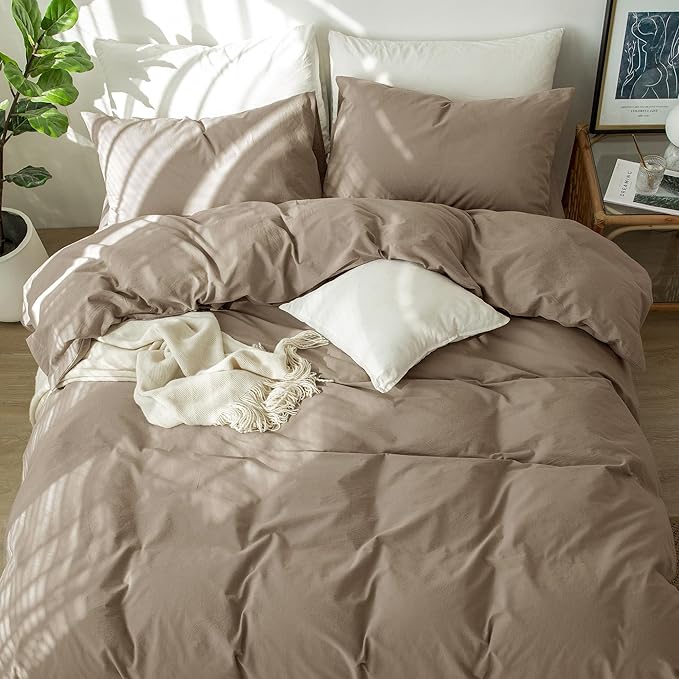MooMee Bedding Duvet Cover Set 100% Washed Cotton Linen Like Textured Breathable Durable Soft Comfy (Solid Mocha Brown, Queen 90"x90")