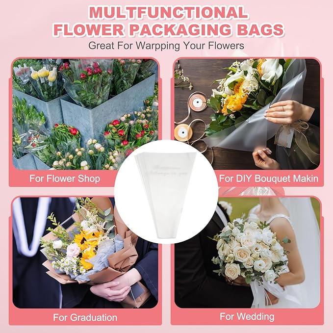 YELARXI Clear Flower Wrapping Bags, Transparent Flower Packaging Bag Waterproof Bouquet Sleeves with Letter - Fitting for (Florists/Floral Arrangements Supplies), 11x3.1x17.7 Inch & 50Pcs