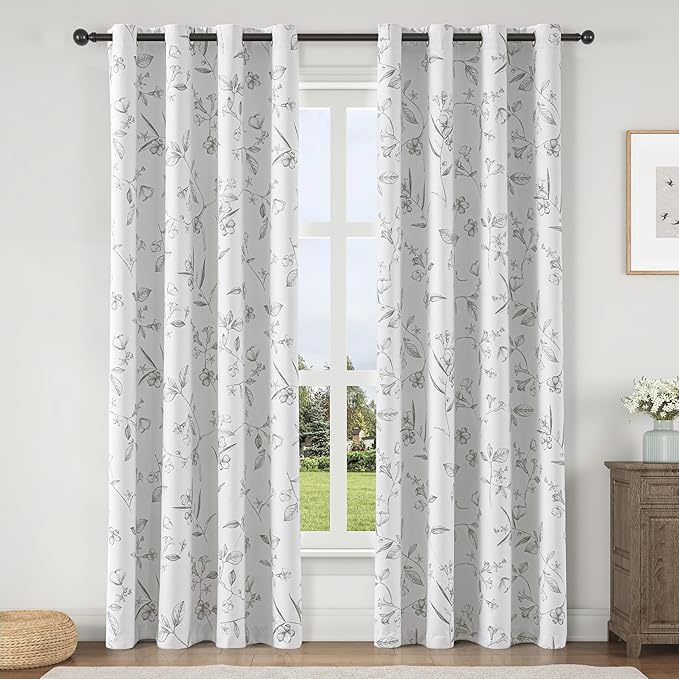 ChrisDowa 100% Blackout Floral Curtains 84 Inches Long 2 Panels for Bedroom Living Room Grey Flower Patterned Room Darkening Thermal Insulated Soundproof Grommet Window Treatments Drapes,52X84