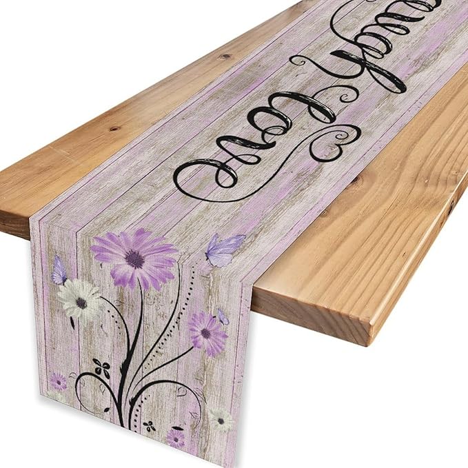 Purple Daisy Table Runner, Butterfly Rustic Seasonal Spring Wild Flower Rustic Blue Wood Farmhouse Decor for Family Kitchen Farmhouse Holiday Party Table Decorations Indoor Outdoor 13x108 inch
