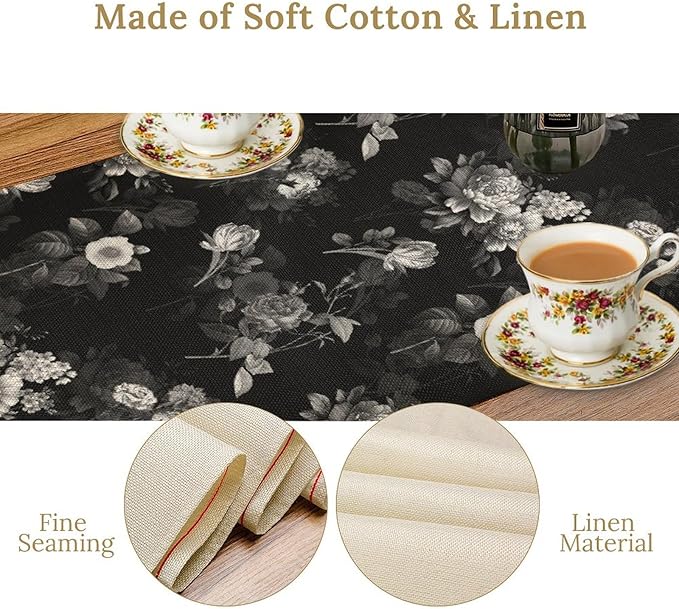 Vintage Botanical Table Runner, Abstract Watercolor Black White Gothic Flower Leaves Plants Print Table Runner for Seasonal Home Decoration Indoor Outdoor Party Decor, 13x120inch