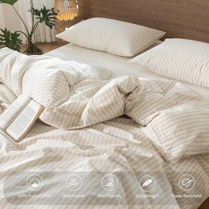 MooMee Striped Duvet Cover Set 100% Washed Cotton Linen Like Textured Breathable Durable Soft Comfy (Almond Milk Grey Classic Stripes, Super King Plus 120"x120")
