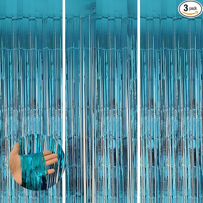 Keyali 3 Pack 3.3 * 8.3 ft Foil Curtain Metallic Tinsel Fringe Curtains Photo Booth Props Backdrop for Birthday Wedding Engagement Baby Shower Christmas Holiday Celebration Partyl,Light Blue