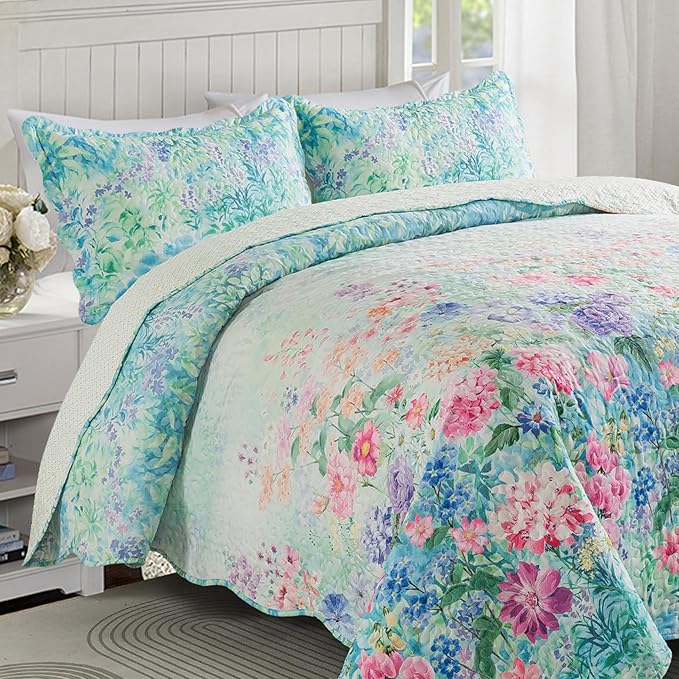 Travan Floral Quilt King Quilt Bedding Set, Ultra Soft & Fade Resistant King Size Quilt Set with 1 Quilt Set and 2 Shams Purple Quilt for All Season, Dream Garden-Purple, King