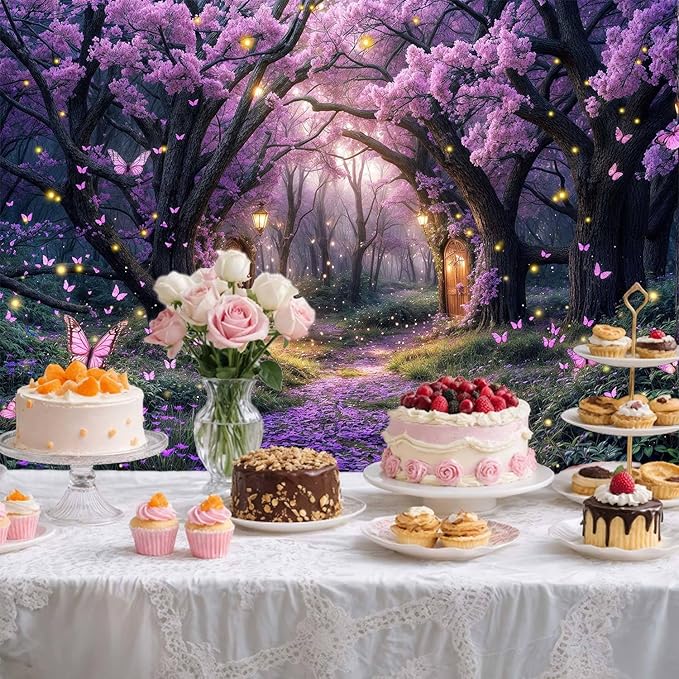 15X10ft Enchanted Forest Backdrop Fairy Tale Purple Wonderland Garden Tree House Floral Butterfly Photography Background for Kids Girl Baby Shower Birthday Party Decoration Banner Booth Props