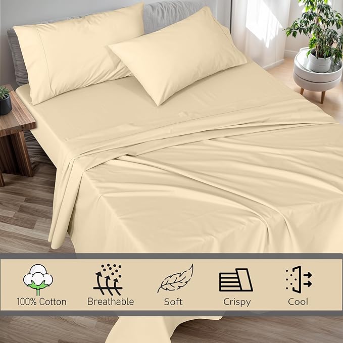RUVANTI 100% Cotton Twin Sheets Set, 3 Pieces, Soft & Breathable Percale Weave Bedding, Deep Pocket 16", Hotel Standard, Crisp Cool Feel, Durable, Perfect Dyed Bed Sheet, Beige